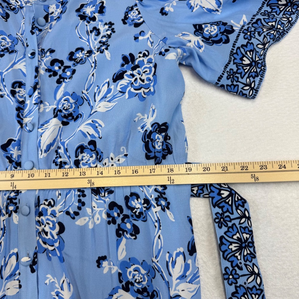 STS Blue Floral Midi Dress Button Front Flutter Sleeve Wood Buckle Belt XL - Picture 8 of 10